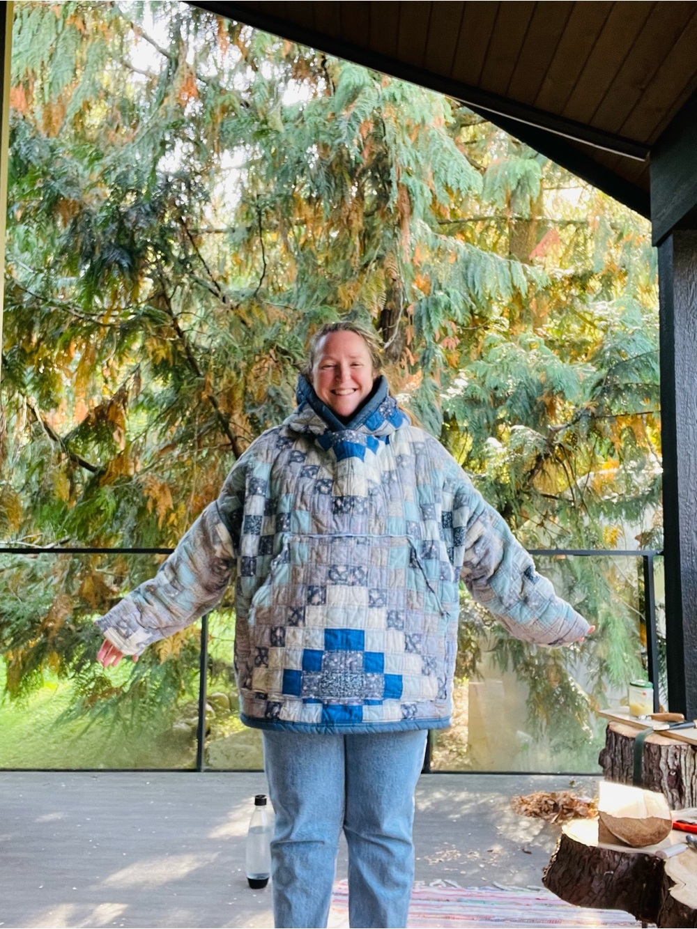 Handmade blue square patchwork quilted cozy hoodie OS